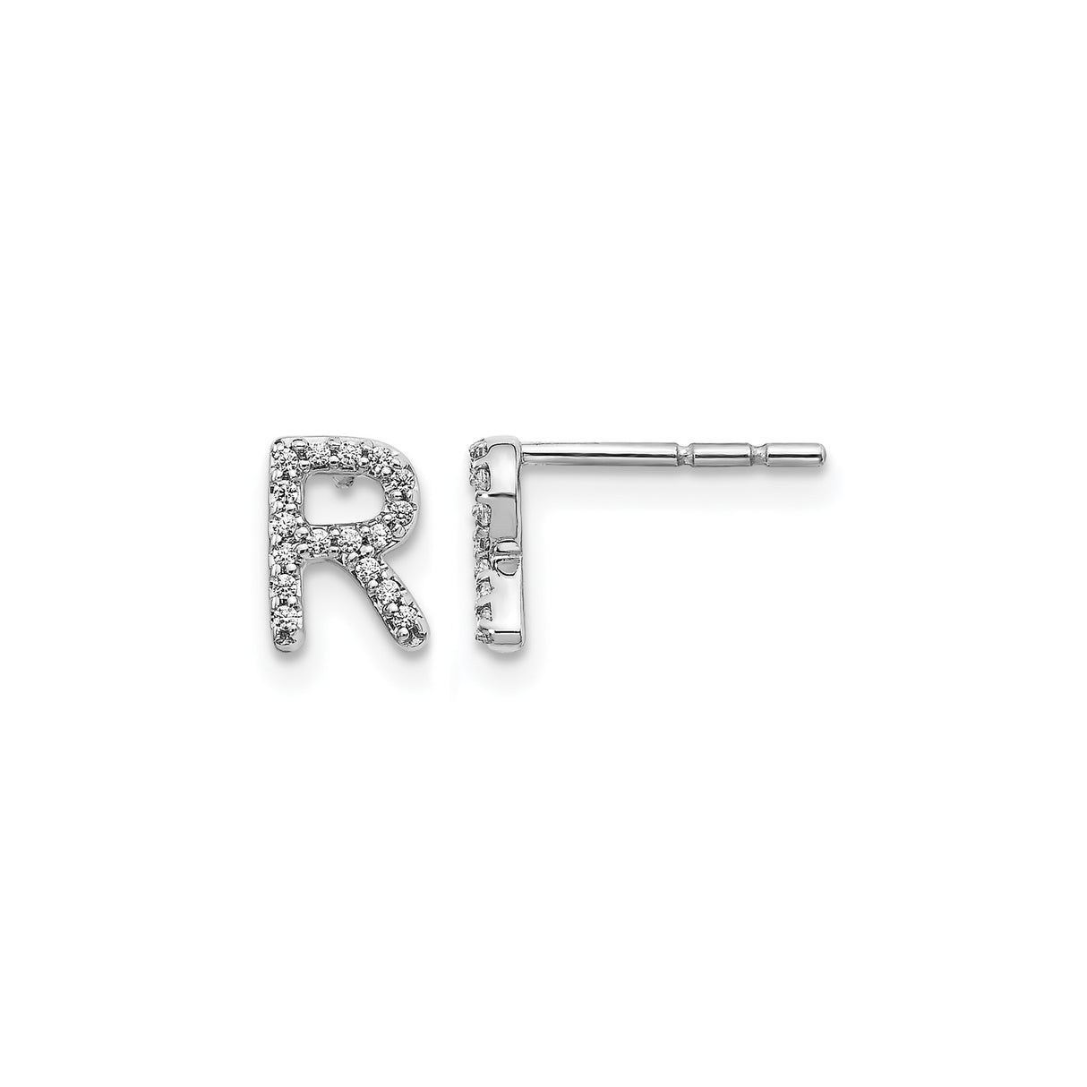 14k White Gold Diamond Letter R Stud Earring, Round Cut Initial Jewelry for Women