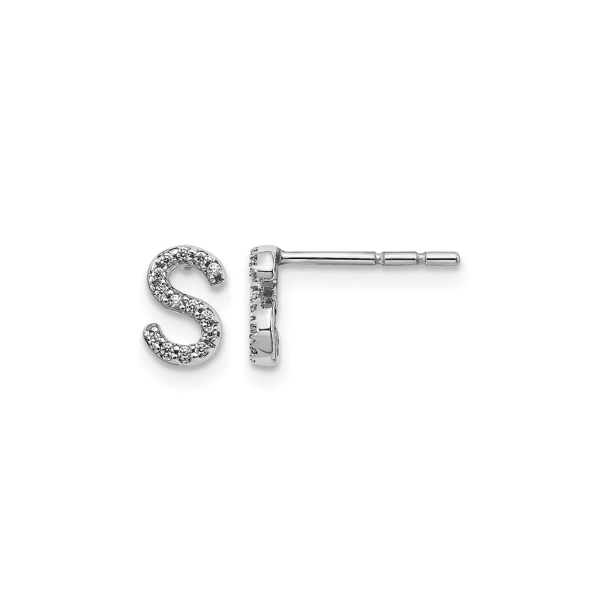14k White Gold Diamond Accent S Initial Stud Earring, Script Letter Monogram Design