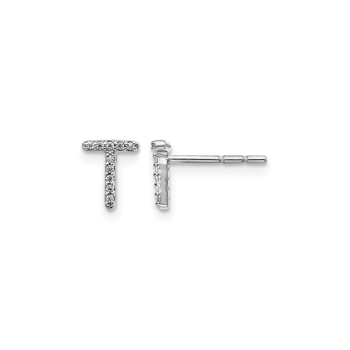 14k White Gold Diamond T Stud Earrings, Pavé Set Letter Design, Minimalist Modern Style