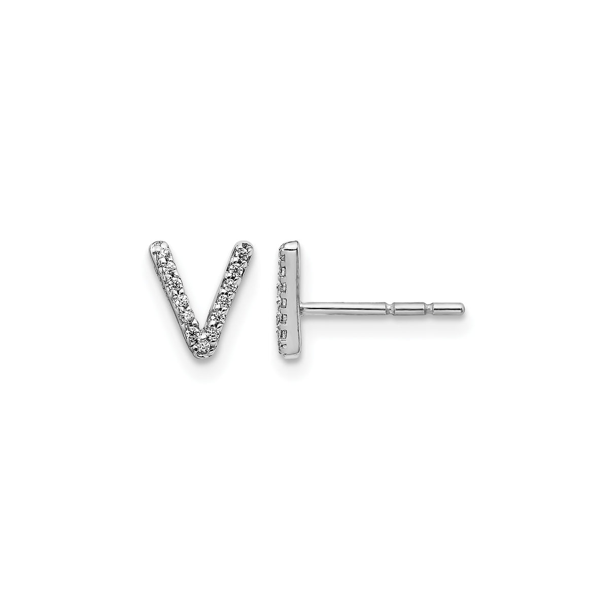 14k White Gold Initial V Diamond Stud Earrings, Pavé Set Letter Design for Women