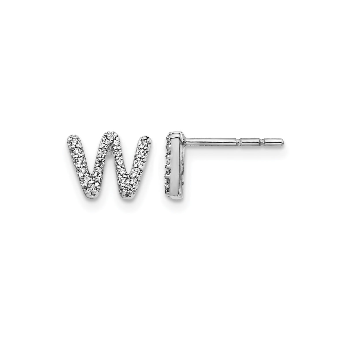 14k White Gold W Initial Stud Earring with Diamond Accents, Modern Alphabet Jewelry for Women