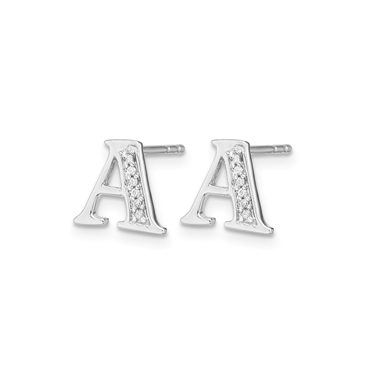 14k White Gold Initial Stud Earring with Diamond, Block Letter A, Polished Monogram Style