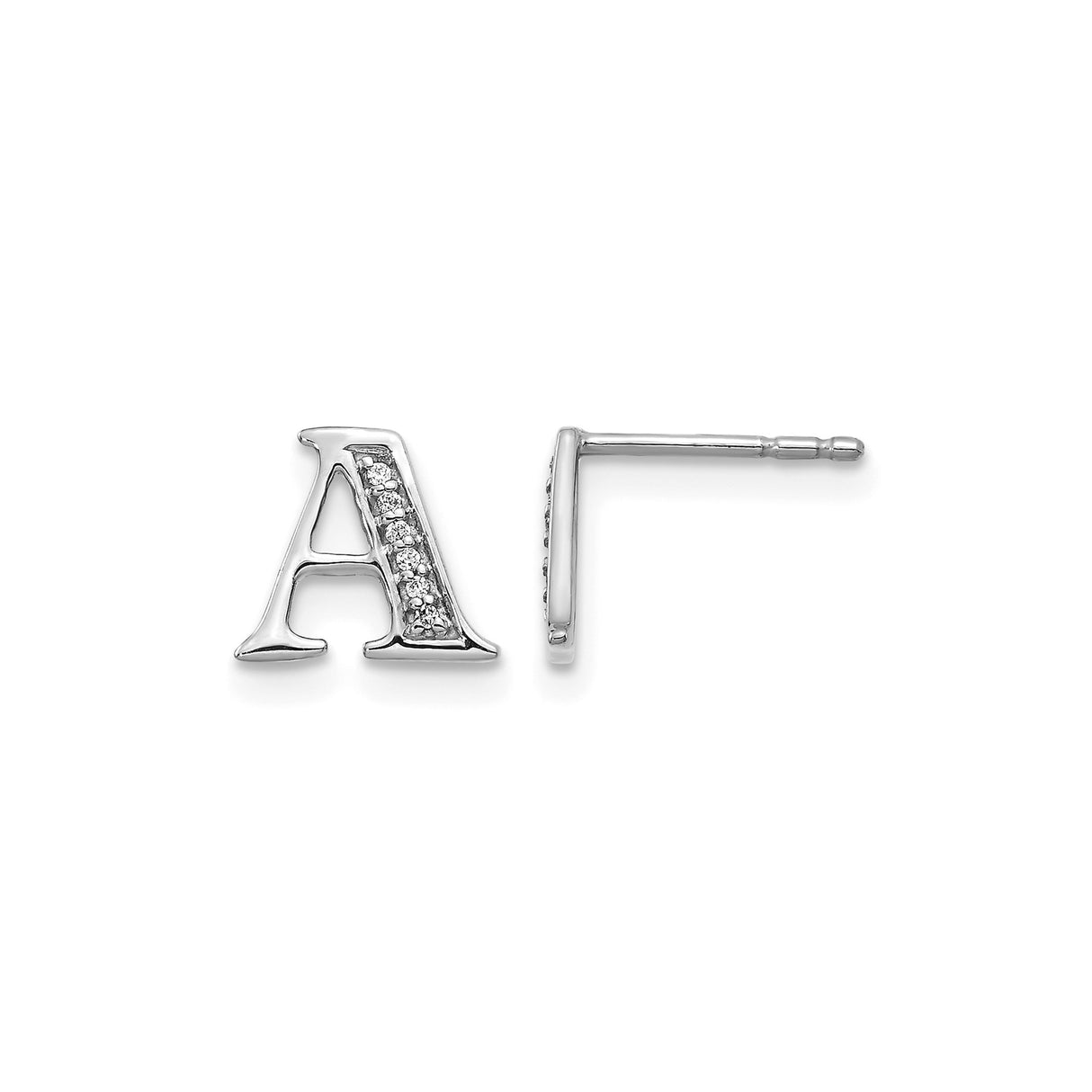 14k White Gold Initial Stud Earring with Diamond, Block Letter A, Polished Monogram Style
