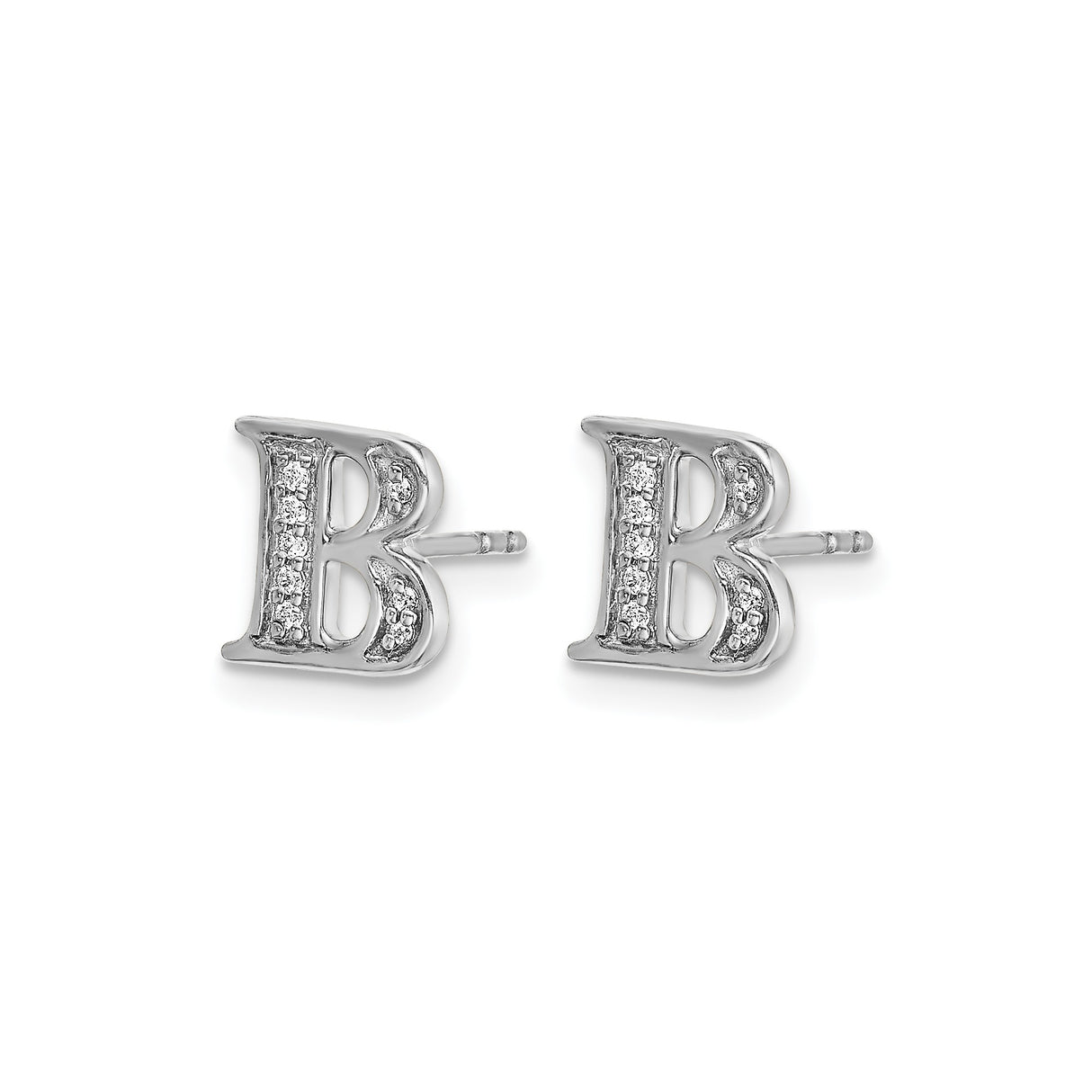 14k White Gold Diamond Letter B Stud Earring, Dainty Block Initial Design for Women
