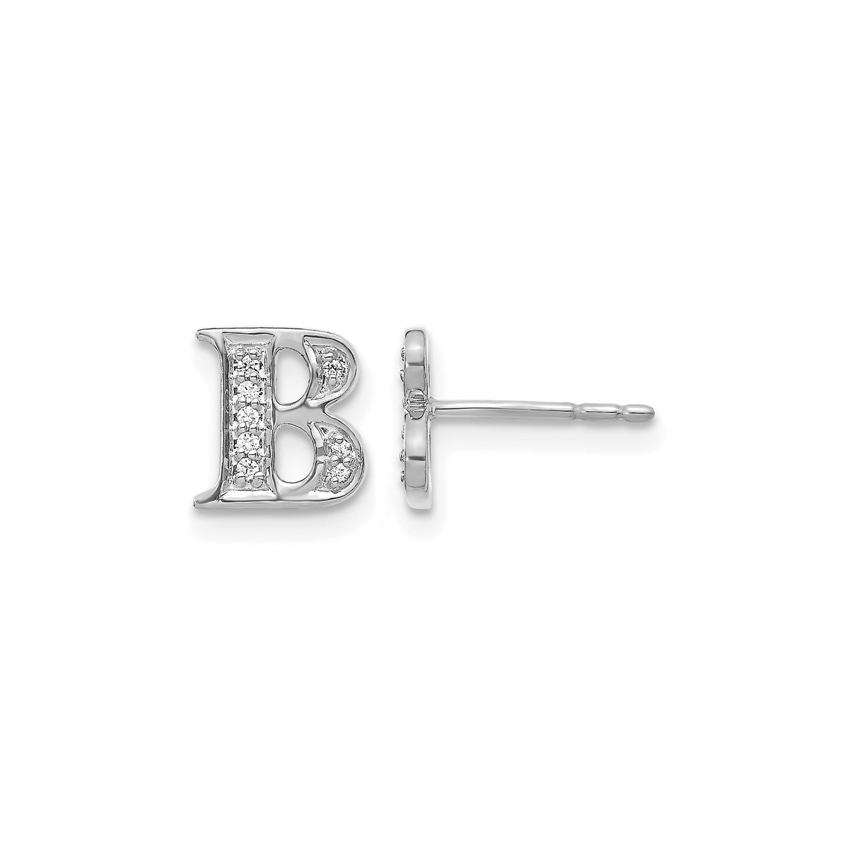 14k White Gold Diamond Letter B Stud Earring, Dainty Block Initial Design for Women