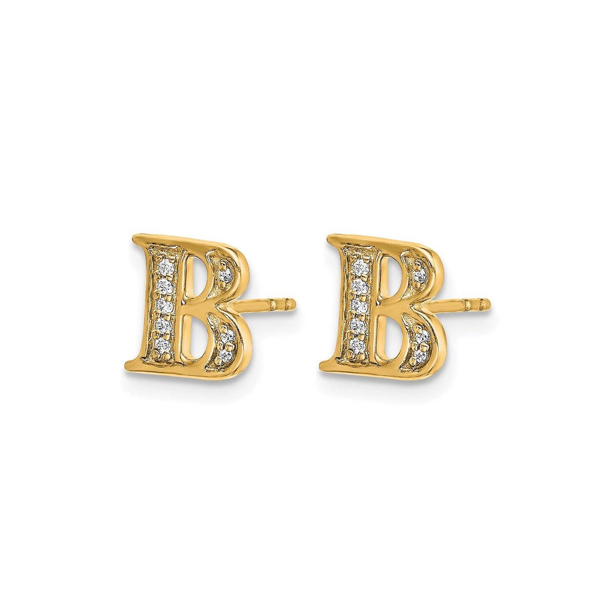 14k Yellow Gold B Initial Stud Earring with Diamond Accents, Monogram Letter Design for Women