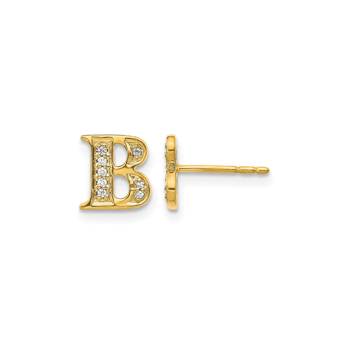 14k Yellow Gold B Initial Stud Earring with Diamond Accents, Monogram Letter Design for Women