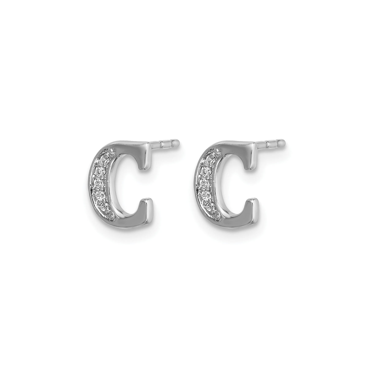 14k White Gold Initial C Stud Earrings with Diamond, Script Letter Design for Women