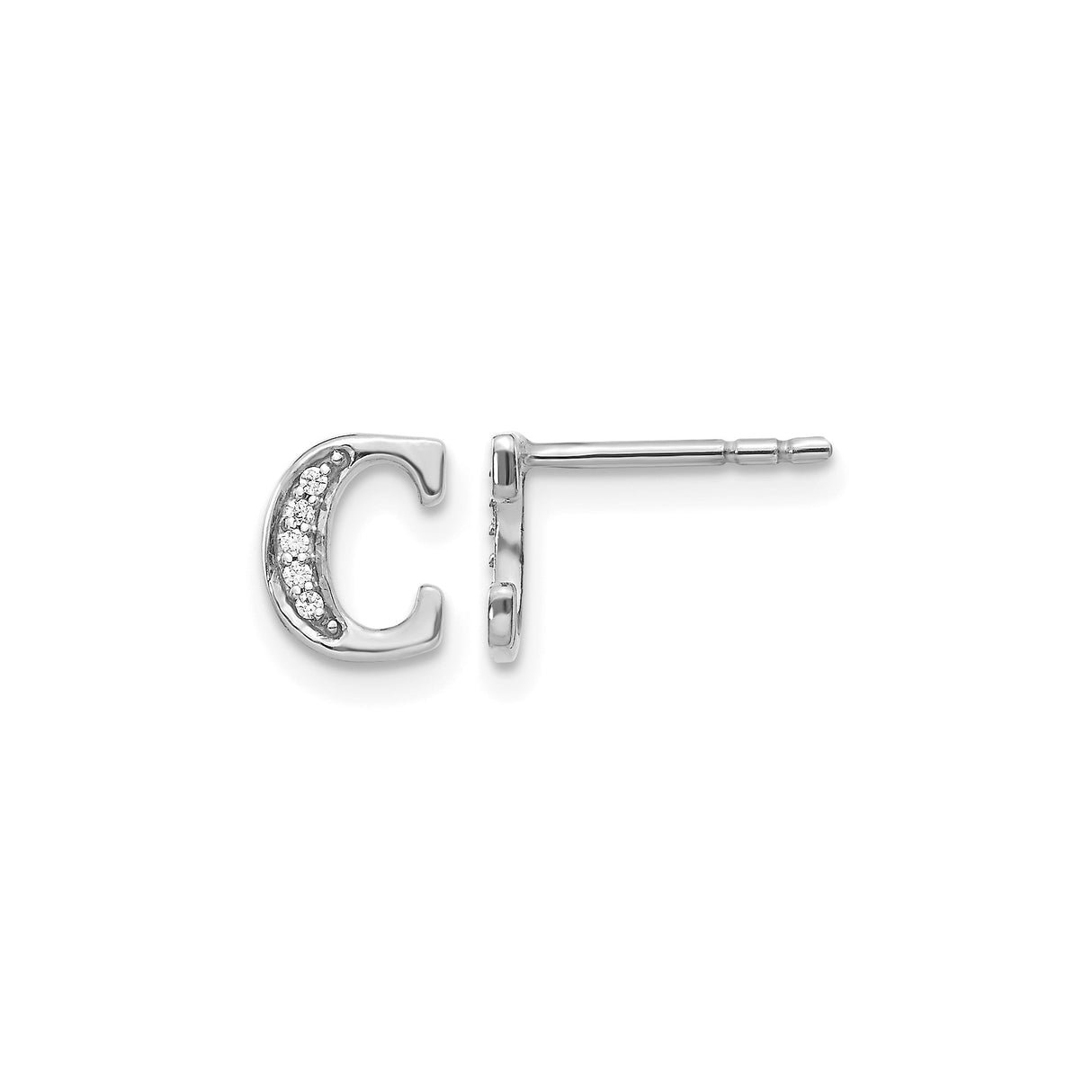 14k White Gold Initial C Stud Earrings with Diamond, Script Letter Design for Women