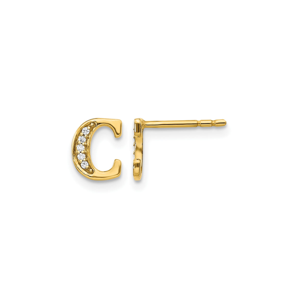 14k Yellow Gold Letter C Stud Earring with Cubic Zirconia, Dainty Monogram Jewelry for Women