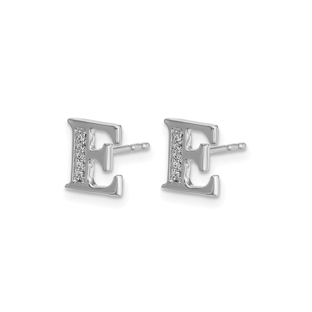 14k White Gold Diamond Initial E Stud Earring, Block Letter Design for Women