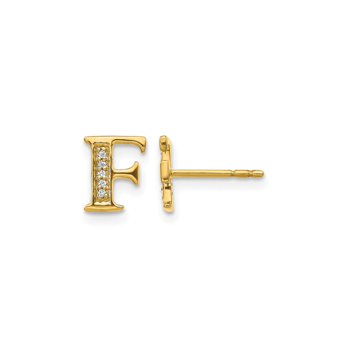 14k Yellow Gold Letter F Stud Earring with Cubic Zirconia, Dainty Personalized Initial Jewelry
