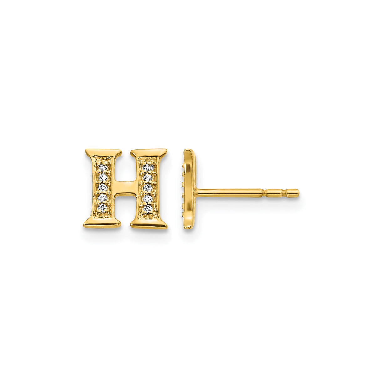 14k Yellow Gold Initial H Stud Earring with Pavé Cubic Zirconia Accents