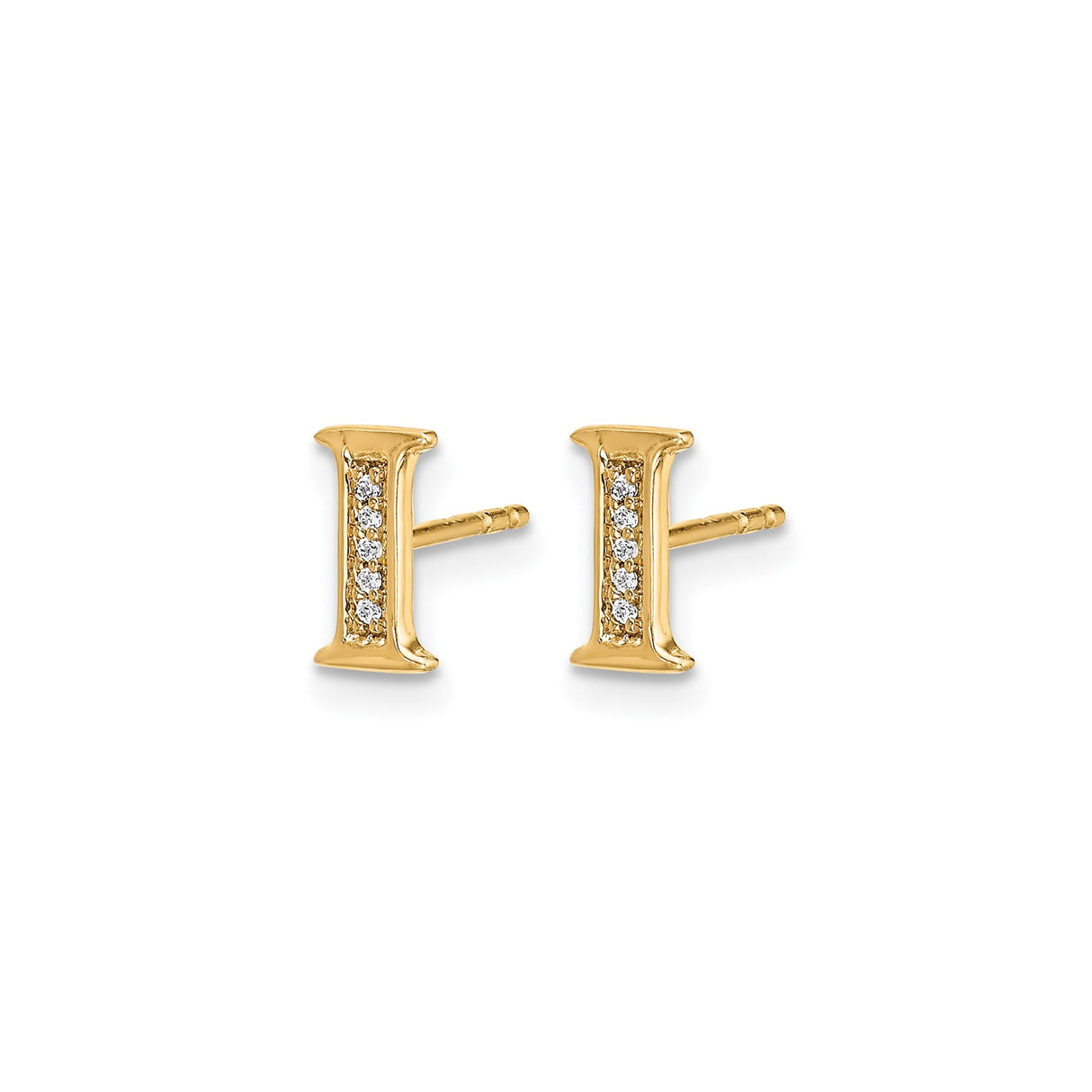 14k Yellow Gold Stud Earrings with Diamond Accent, Block Letter I Initial Design