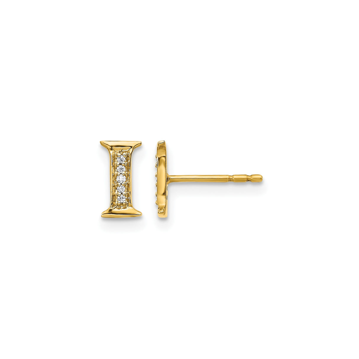14k Yellow Gold Stud Earrings with Diamond Accent, Block Letter I Initial Design