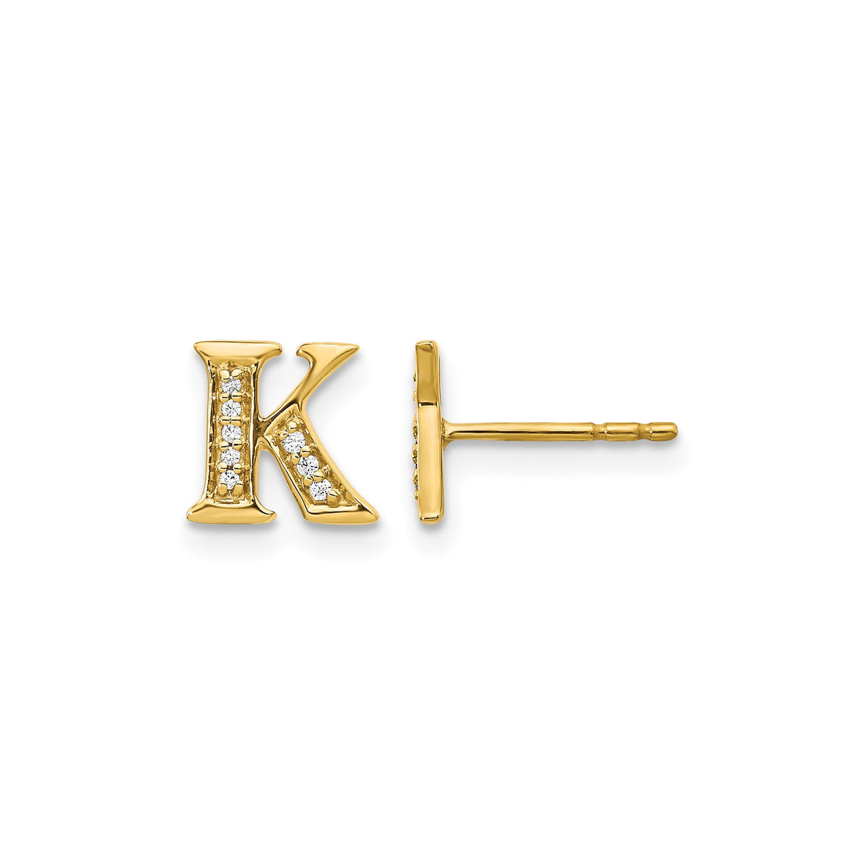 14k Yellow Gold Initial K Stud Earring with Diamond, Bold Serif Monogram Design