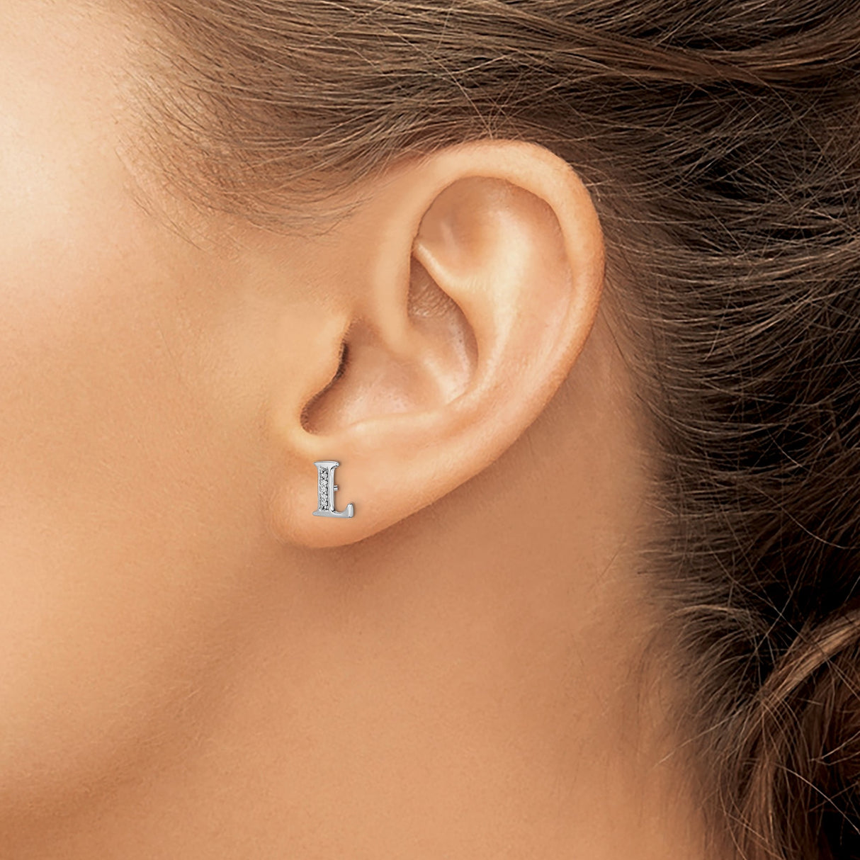 14k White Gold Diamond Letter L Stud Earring, Dainty Initial Jewelry for Women