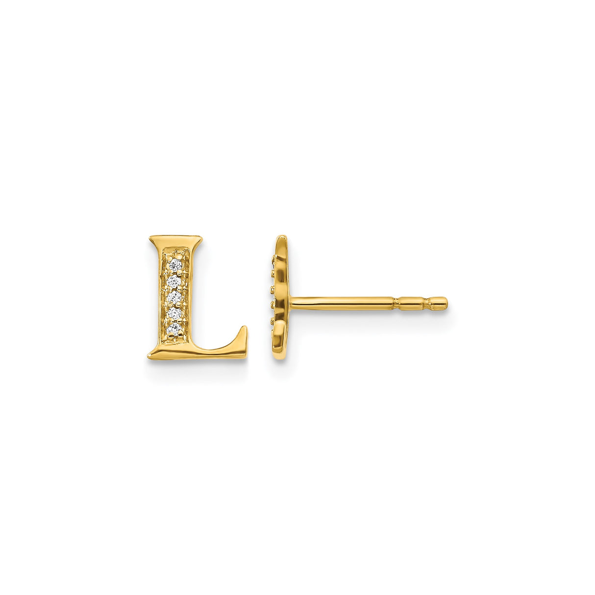 14k Yellow Gold Letter L Stud Earring with Cubic Zirconia, Dainty Monogram Jewelry for Women