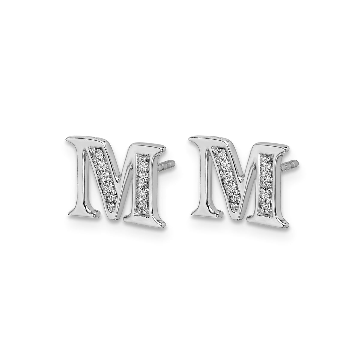 14k White Gold Diamond Letter M Stud Earrings, Minimalist Initial Design for Women