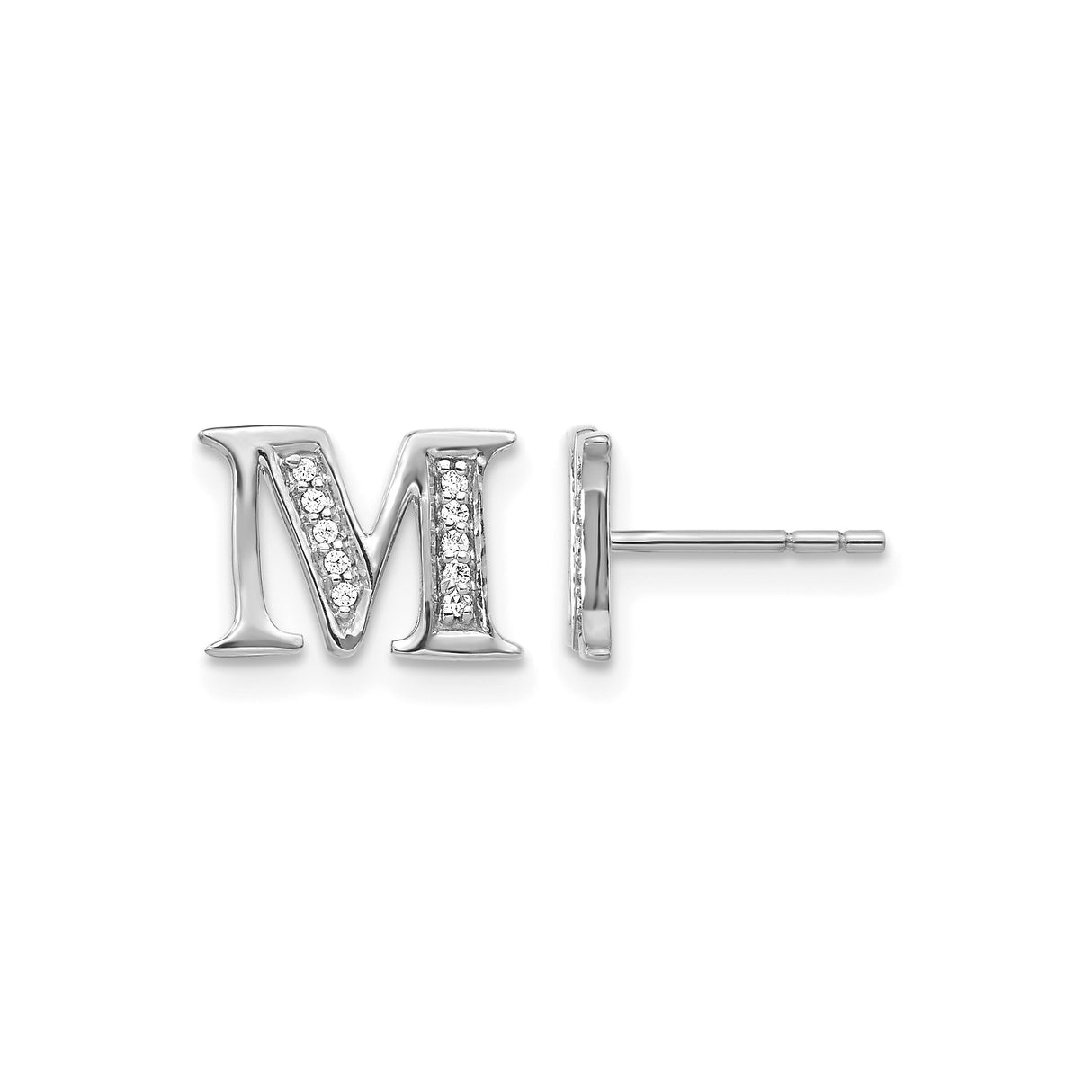14k White Gold Diamond Letter M Stud Earrings, Minimalist Initial Design for Women