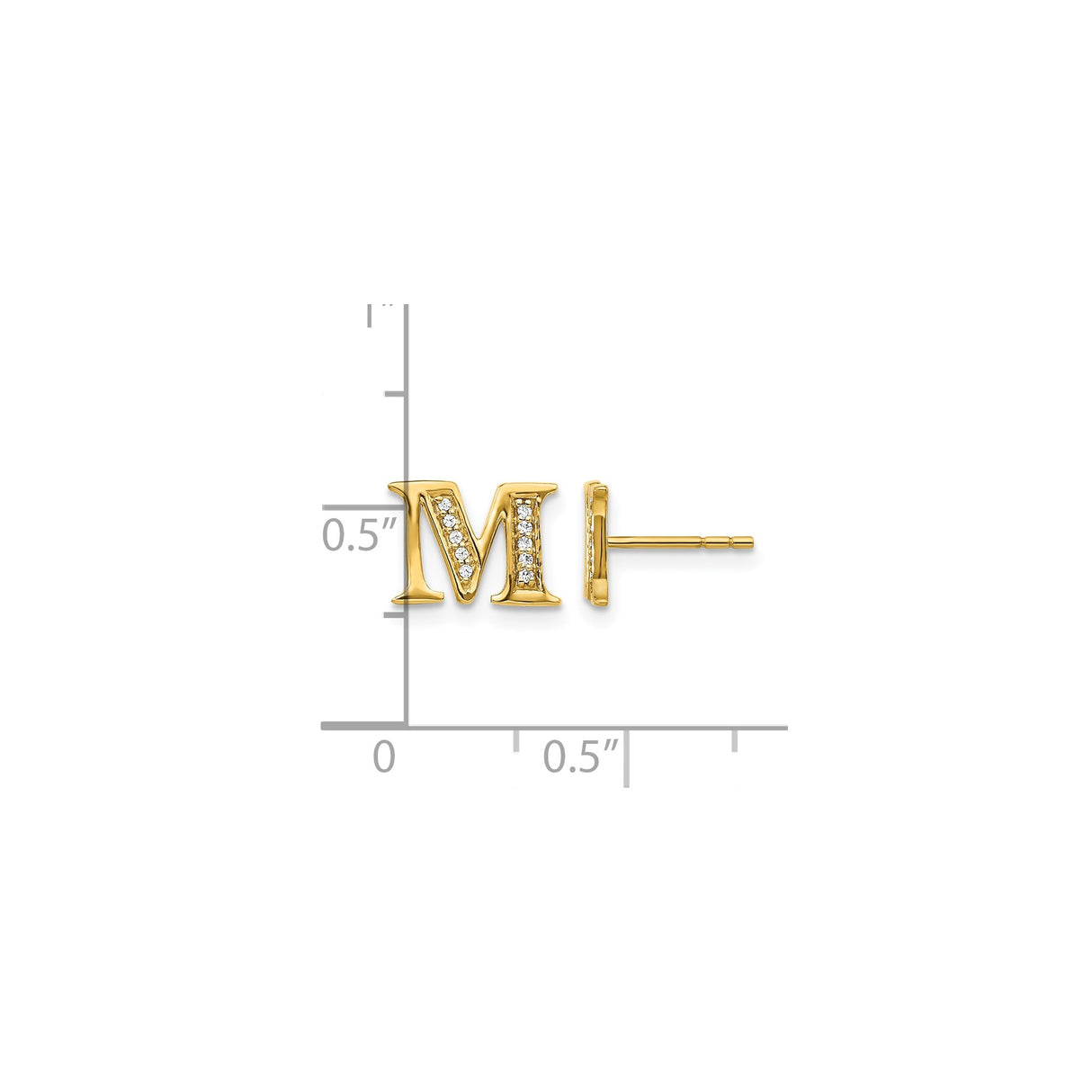 14k Yellow Gold Letter M Stud Earring with Diamond, Personalized Alphabet Jewelry for Women