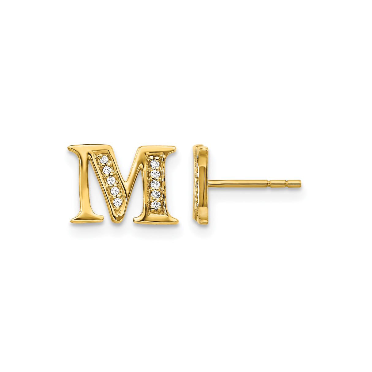 14k Yellow Gold Letter M Stud Earring with Diamond, Personalized Alphabet Jewelry for Women