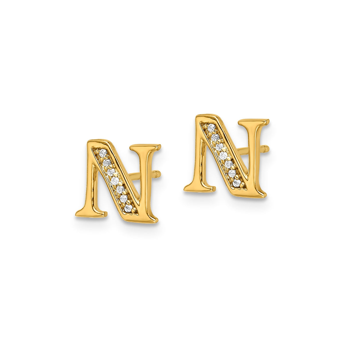 14k White Gold Initial N Stud Earring with Diamond Accent, Polished Letter Design