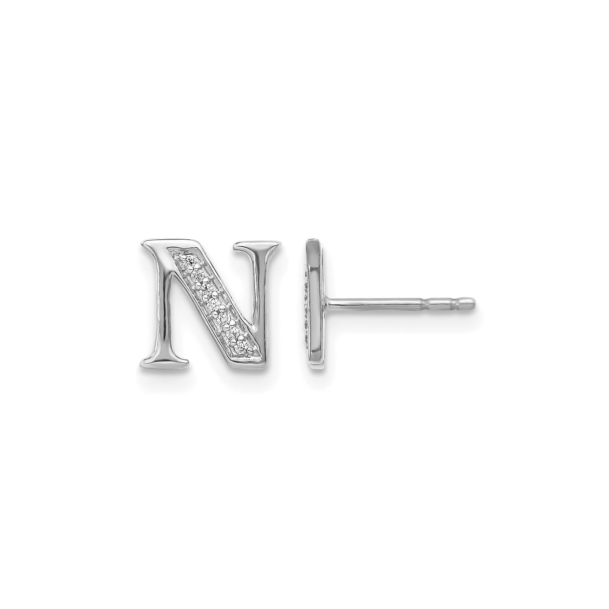 14k White Gold Initial N Stud Earring with Diamond Accent, Polished Letter Design