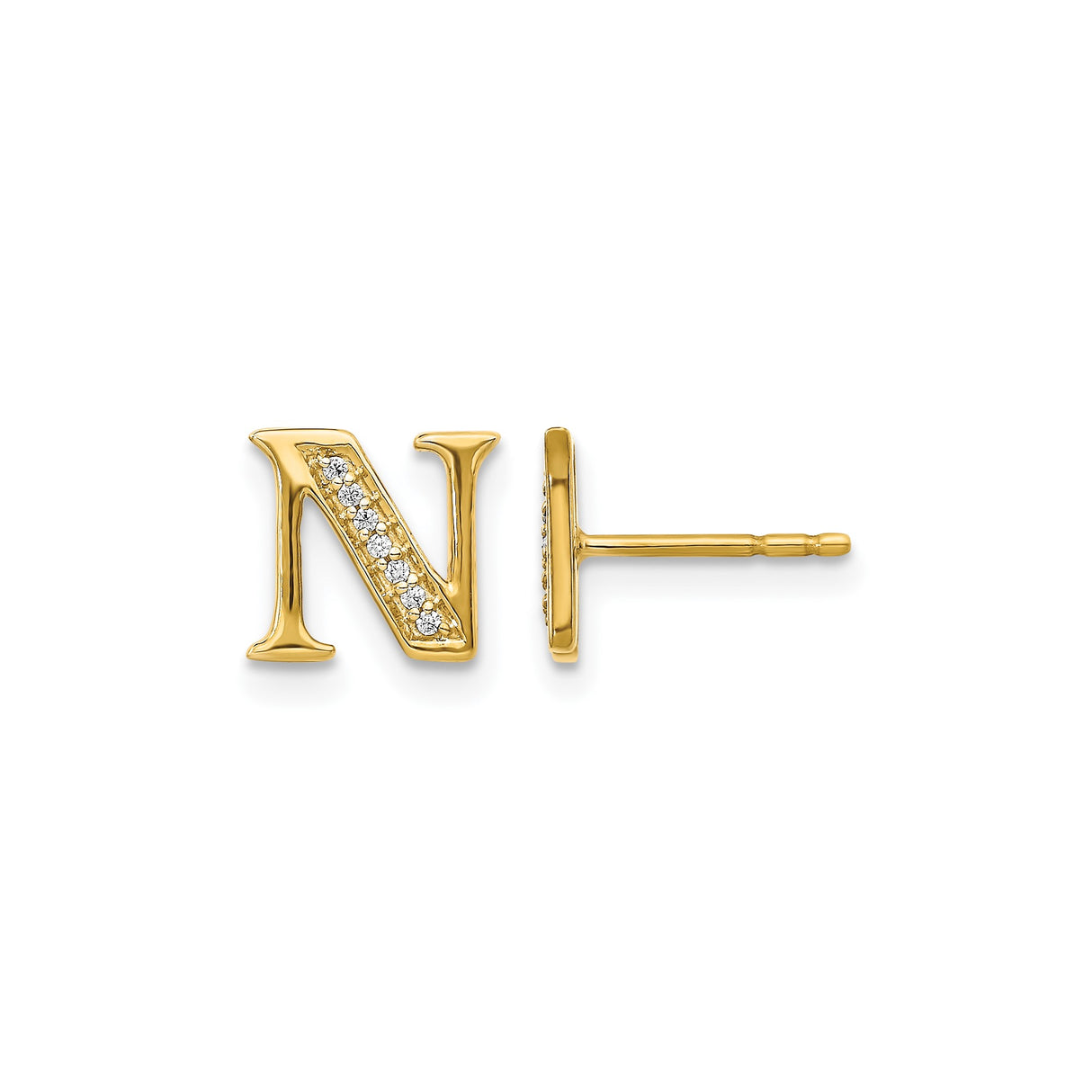 14k Yellow Gold Stud Earring with Diamond, Letter N Initial, Minimalist Monogram Design