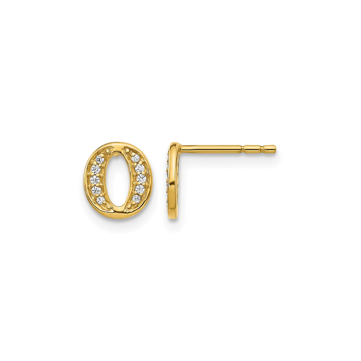 14k Yellow Gold Letter O Stud Earrings with Cubic Zirconia, Dainty Initial Jewelry for Women