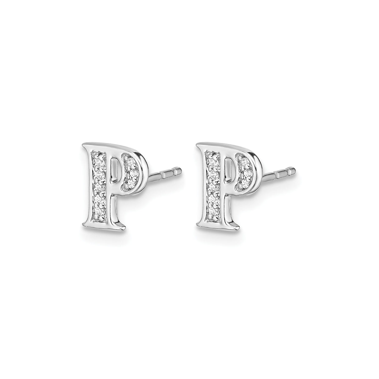 14k White Gold Diamond Letter P Stud Earrings, Block Monogram Design for Women
