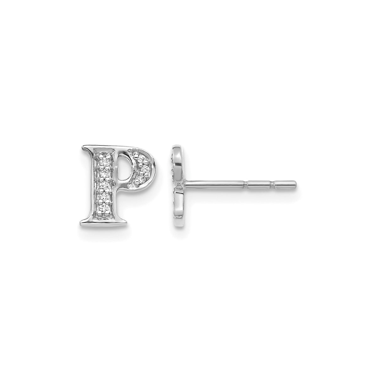 14k White Gold Diamond Letter P Stud Earrings, Block Monogram Design for Women