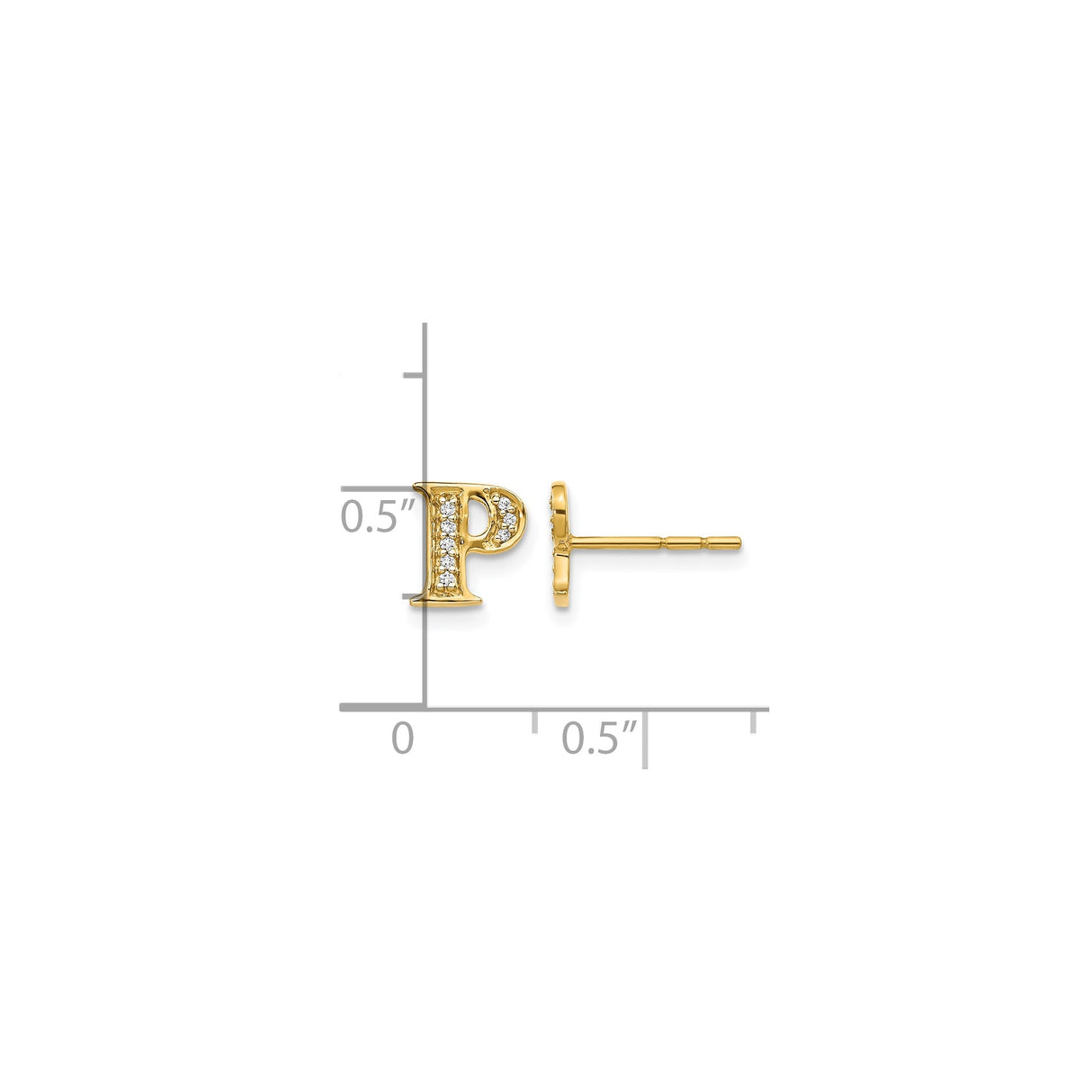 14k Yellow Gold Letter P Stud Earring with Diamond, Personalized Initial Jewelry for Women