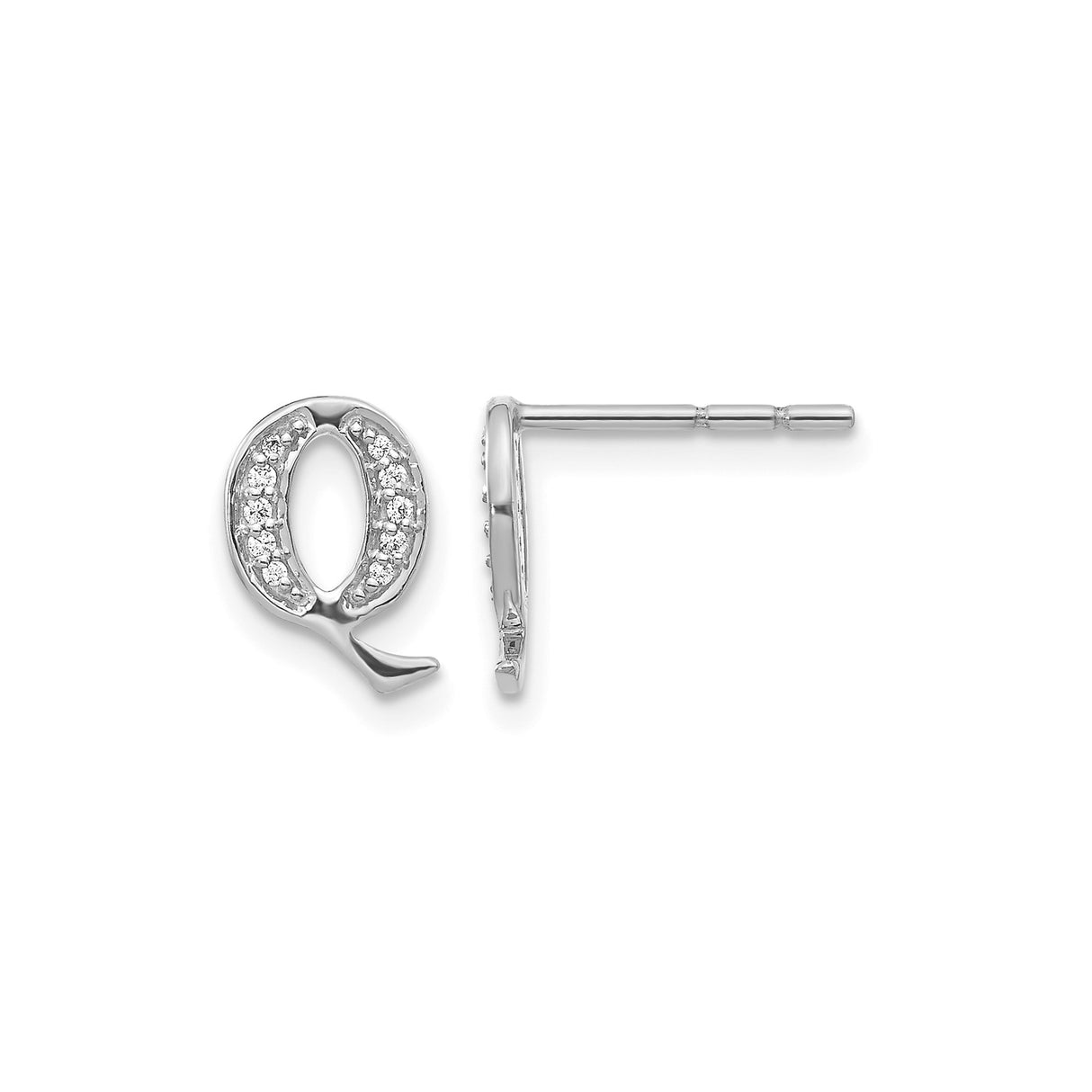 14k White Gold Letter Q Stud Earrings with Diamond Accents, Minimalist Monogram Jewelry for Women