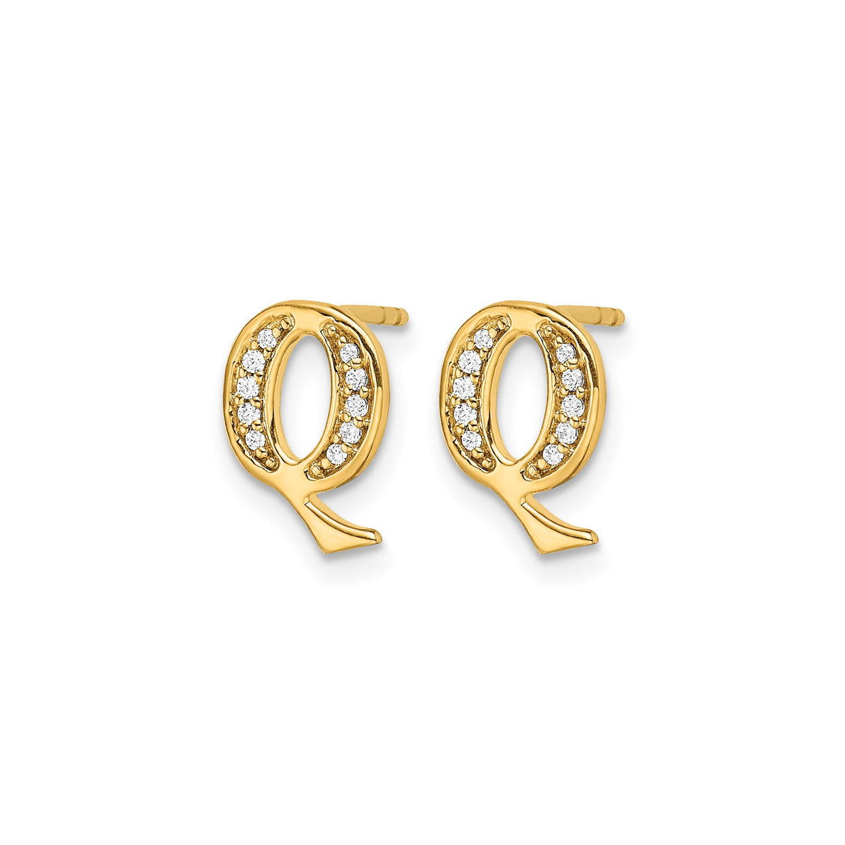 14k Yellow Gold Initial Q Stud Earring with Round Cut Diamond, Letter Monogram Style