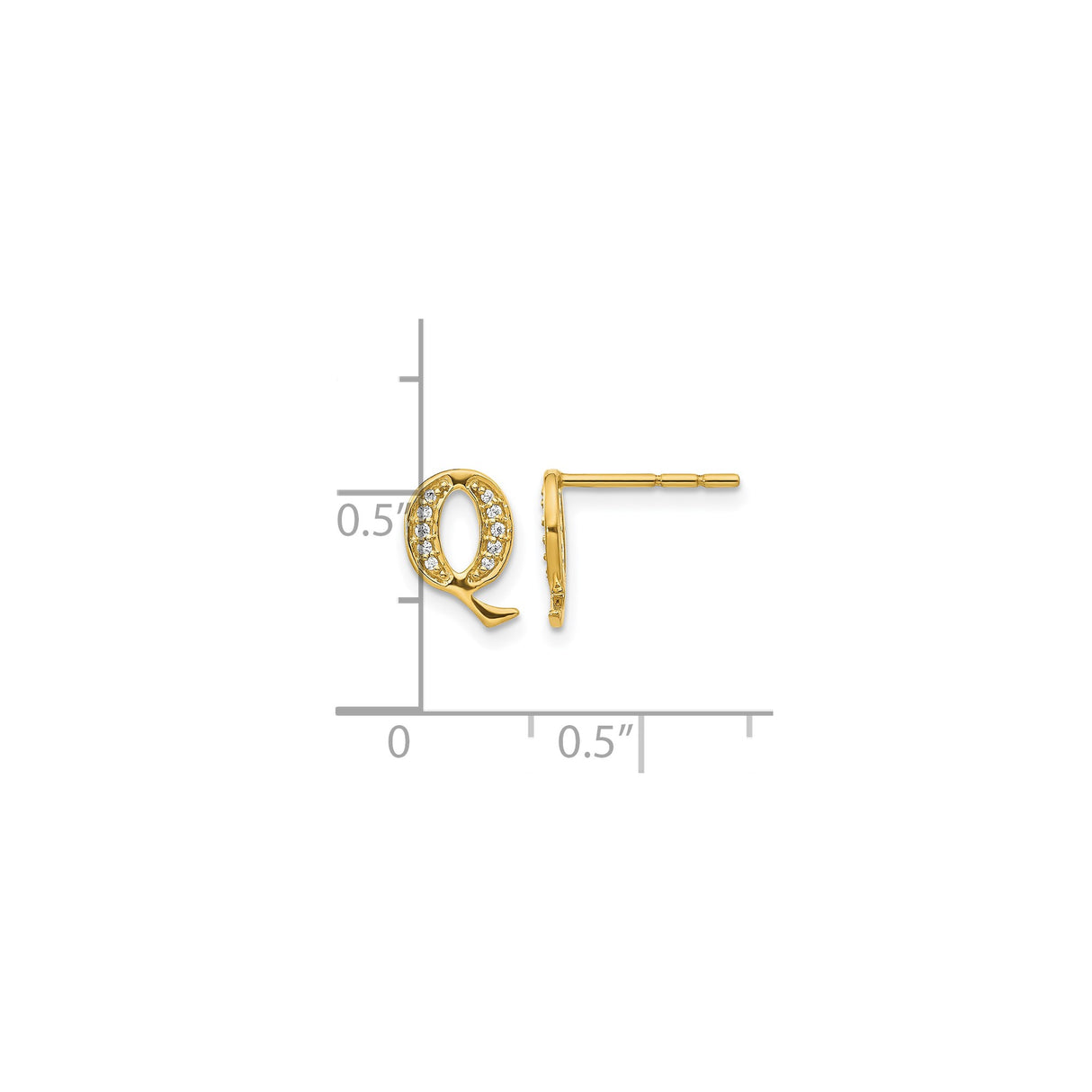 14k Yellow Gold Initial Q Stud Earring with Round Cut Diamond, Letter Monogram Style