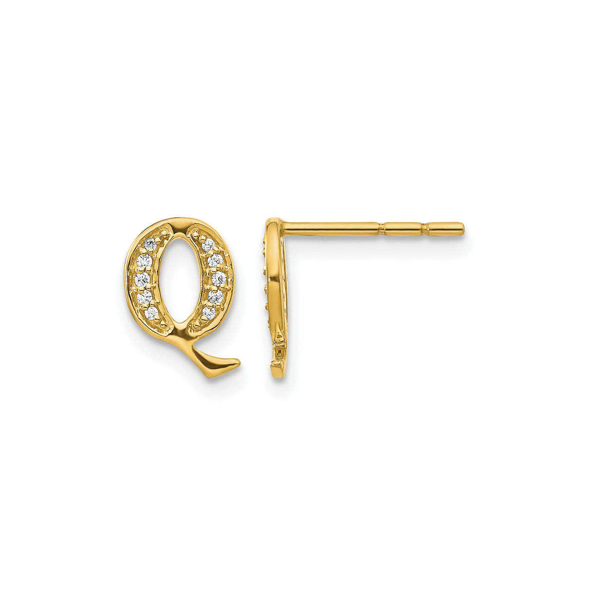 14k Yellow Gold Initial Q Stud Earring with Round Cut Diamond, Letter Monogram Style