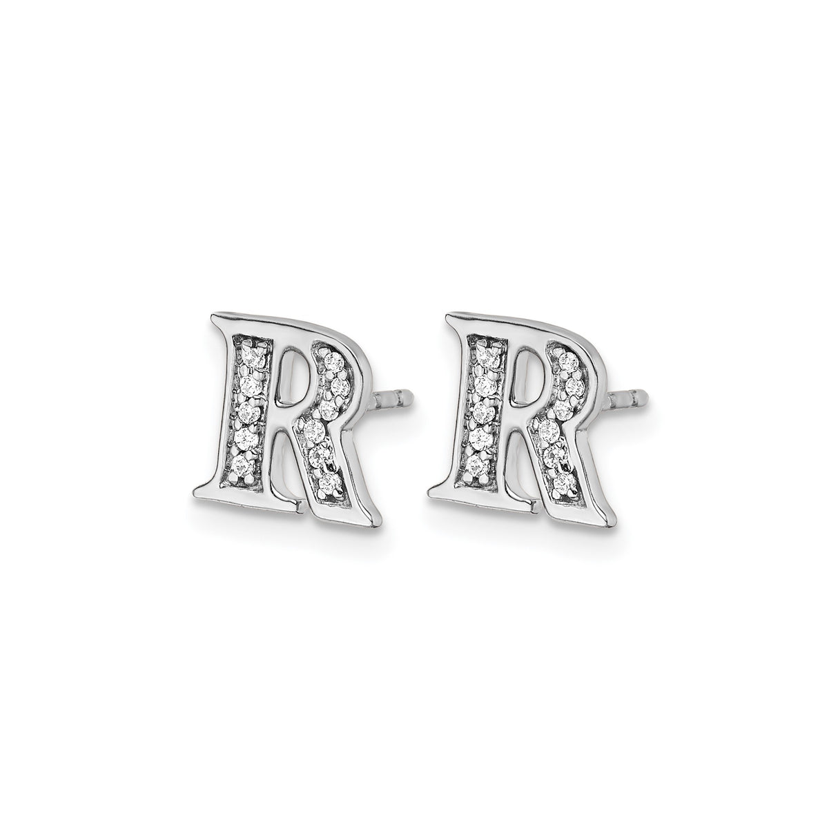 14k White Gold Initial R Stud Earring with Diamond Accent, Letter Monogram Jewelry