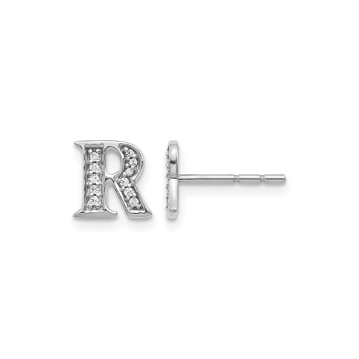 14k White Gold Initial R Stud Earring with Diamond Accent, Letter Monogram Jewelry
