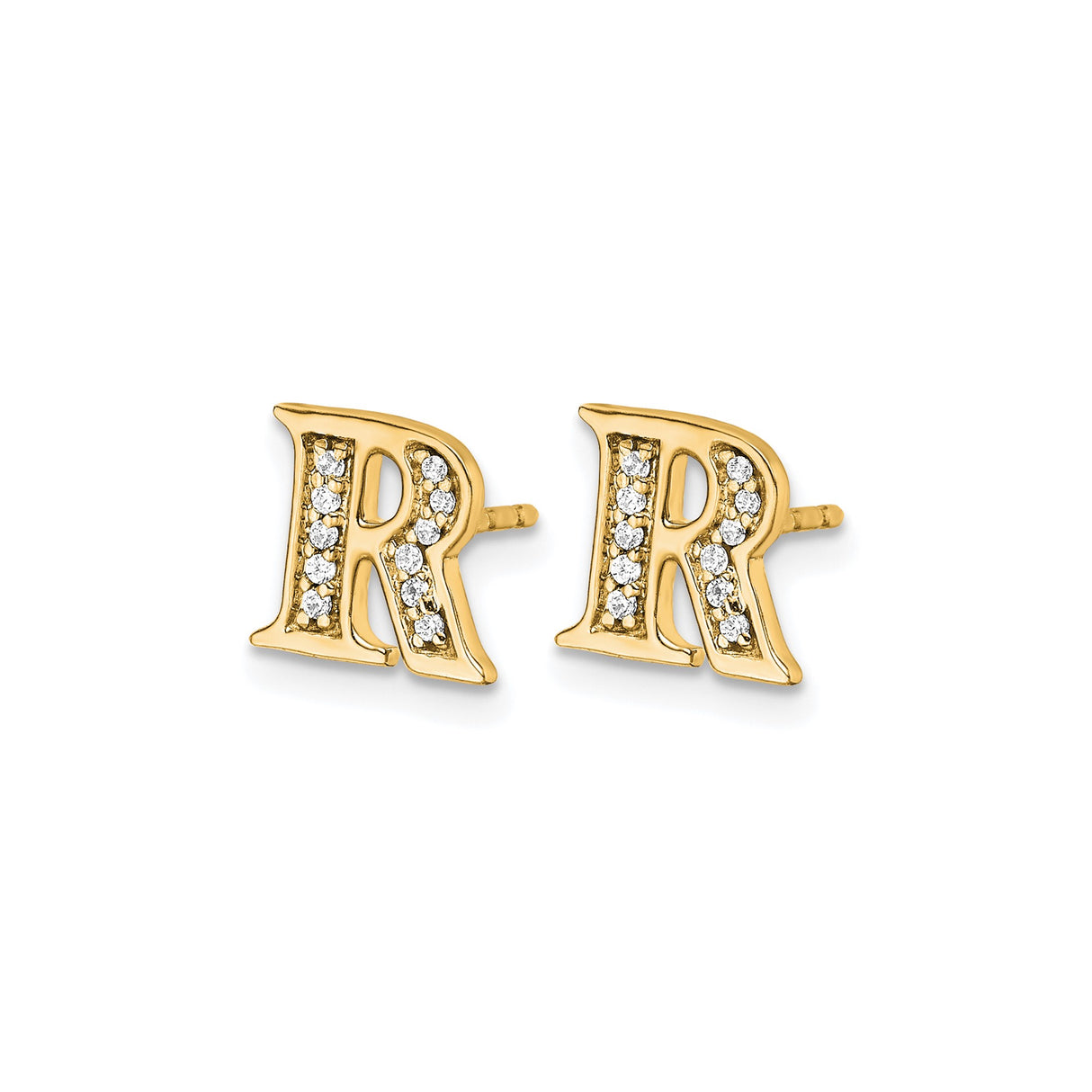 14k Yellow Gold Stud Earring with Diamond, Letter R Initial, Dainty Personalized Jewelry