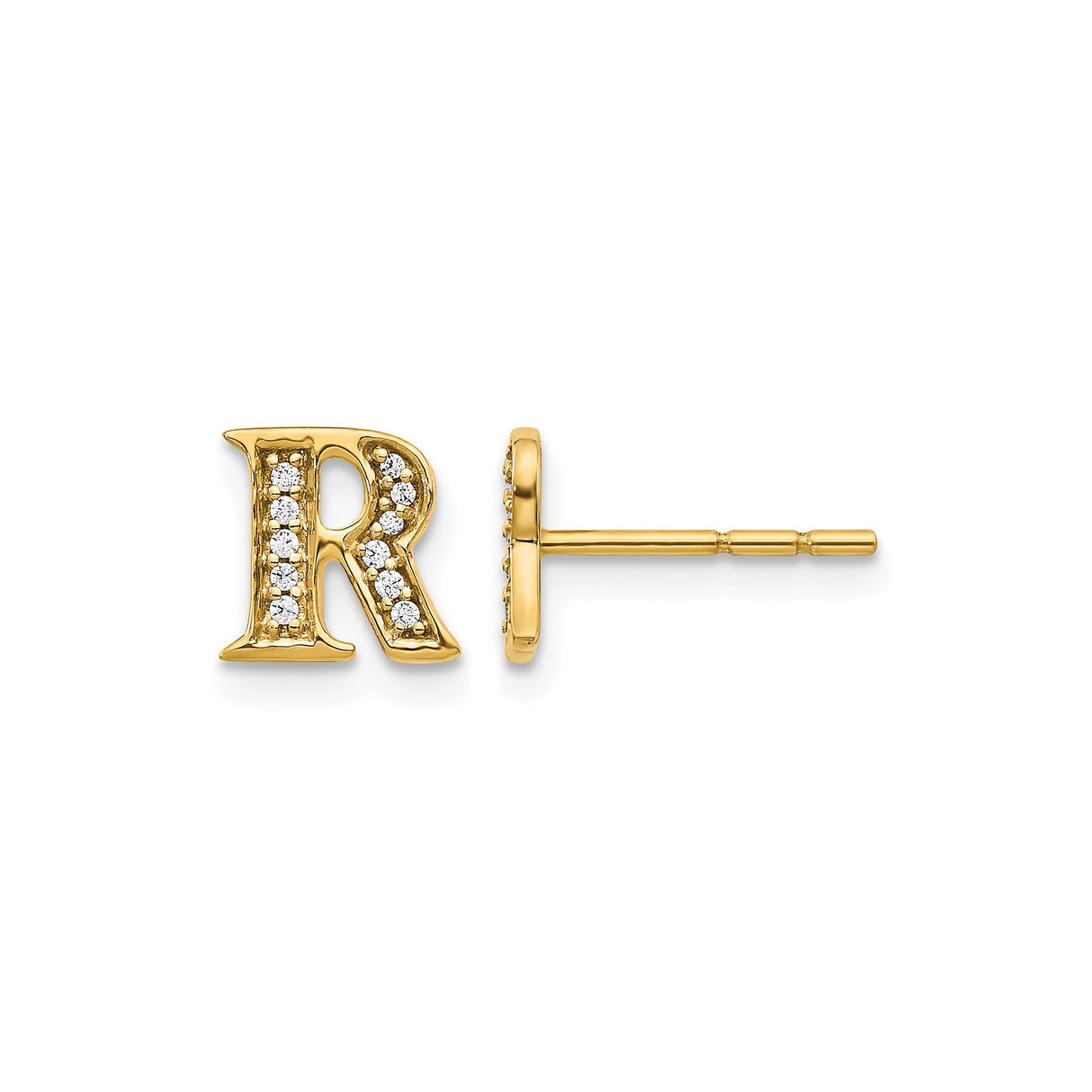 14k Yellow Gold Stud Earring with Diamond, Letter R Initial, Dainty Personalized Jewelry