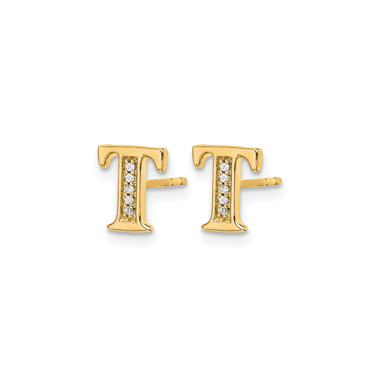 14k Yellow Gold Letter T Stud Earring with Diamond Accents, Block Font Design, Single Earring