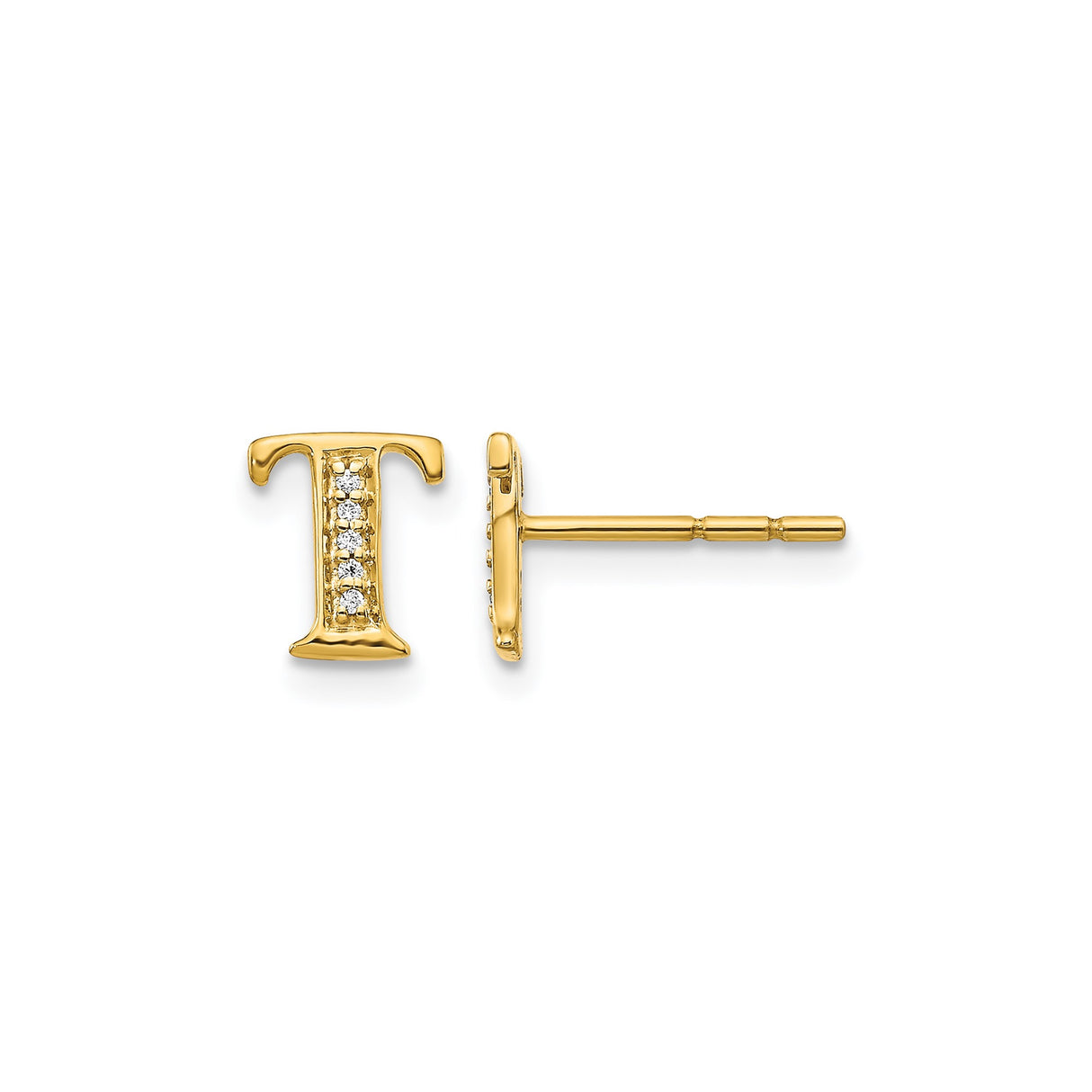 14k Yellow Gold Letter T Stud Earring with Diamond Accents, Block Font Design, Single Earring
