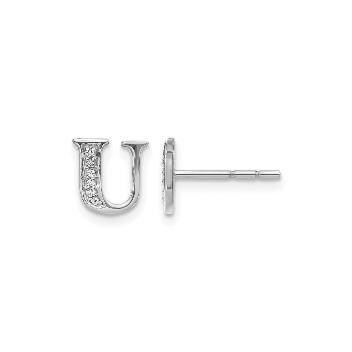 14k White Gold Letter U Stud Earring with Diamond Accents, Monogram Initial Jewelry