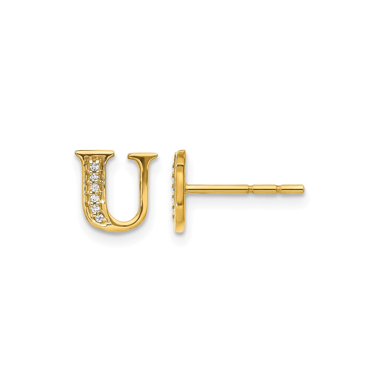 14k Yellow Gold Letter U Stud Earring with Diamond, Minimalist Initial Design for Women