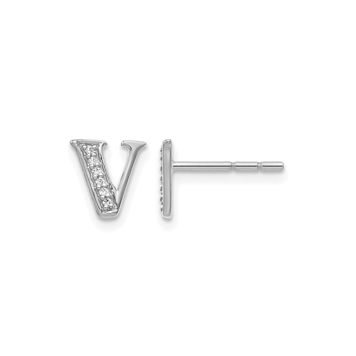 14k White Gold Diamond Letter V Stud Earring, Dainty Monogram Initial Jewelry for Women