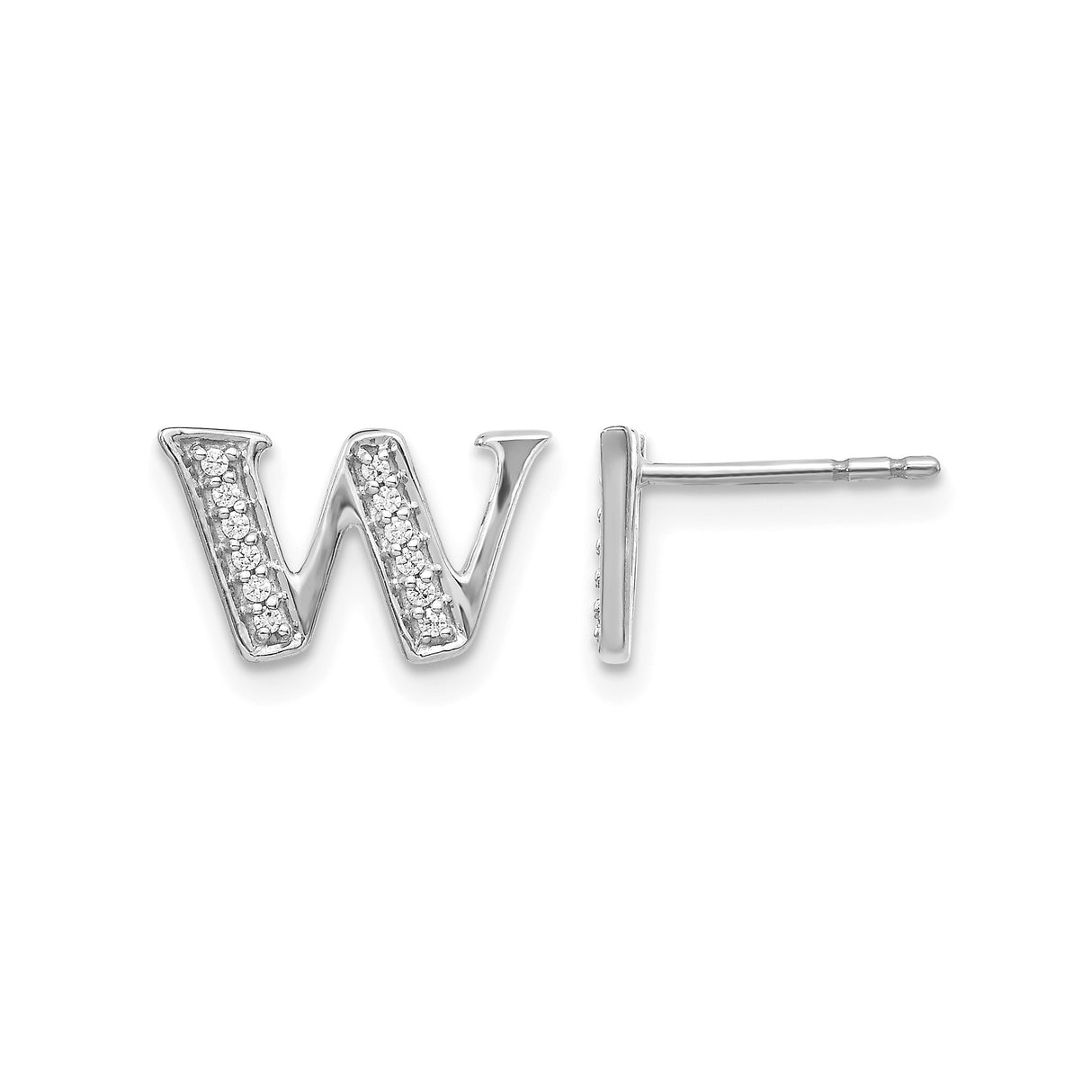 14k White Gold Initial W Stud Earring with Diamond Accents, Dainty Alphabet Jewelry for Women