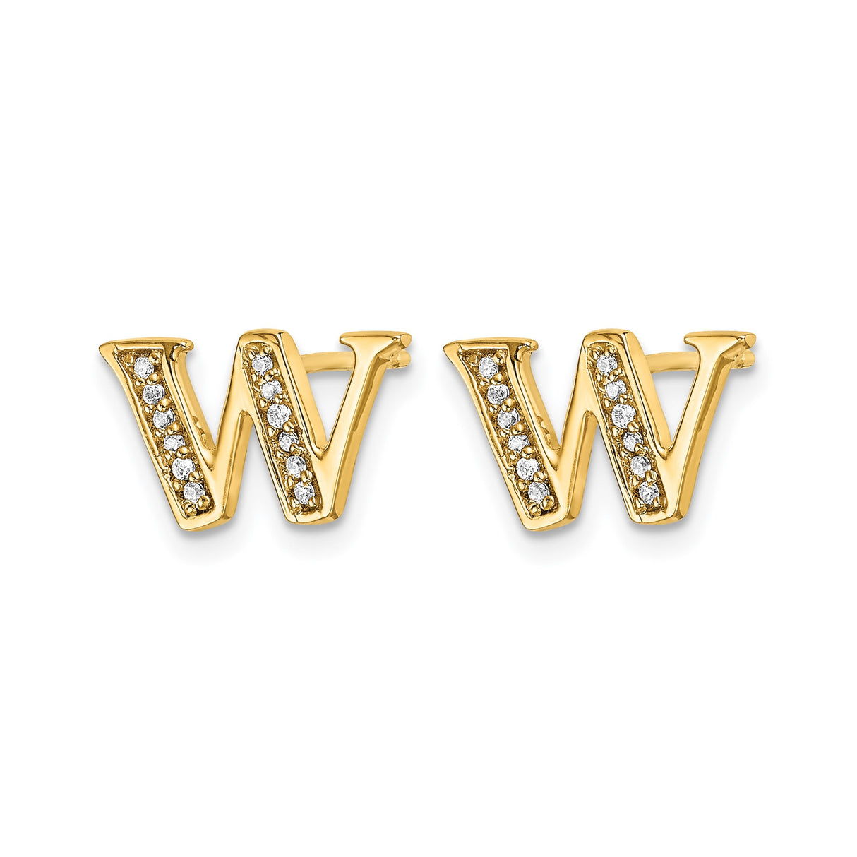 14k Yellow Gold W Letter Stud Earring with Diamond Accent, Personalized Initial Jewelry for Women