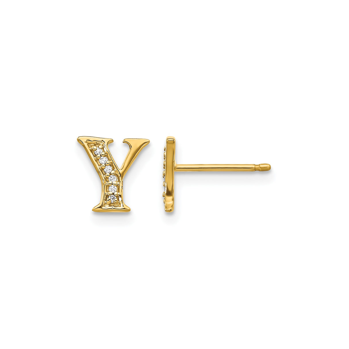 14k Yellow Gold Letter Y Stud Earring with Diamond, Minimalist Monogram Design for Women