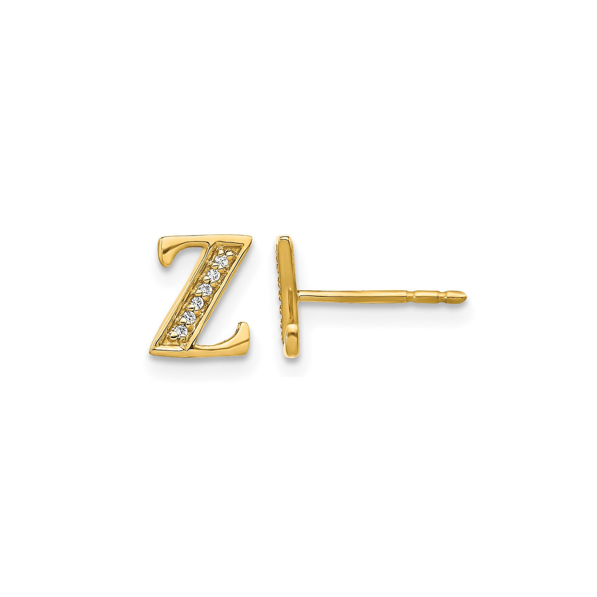 14k Yellow Gold Stud Earring with Diamond, Letter Z Initial Monogram Jewelry for Women